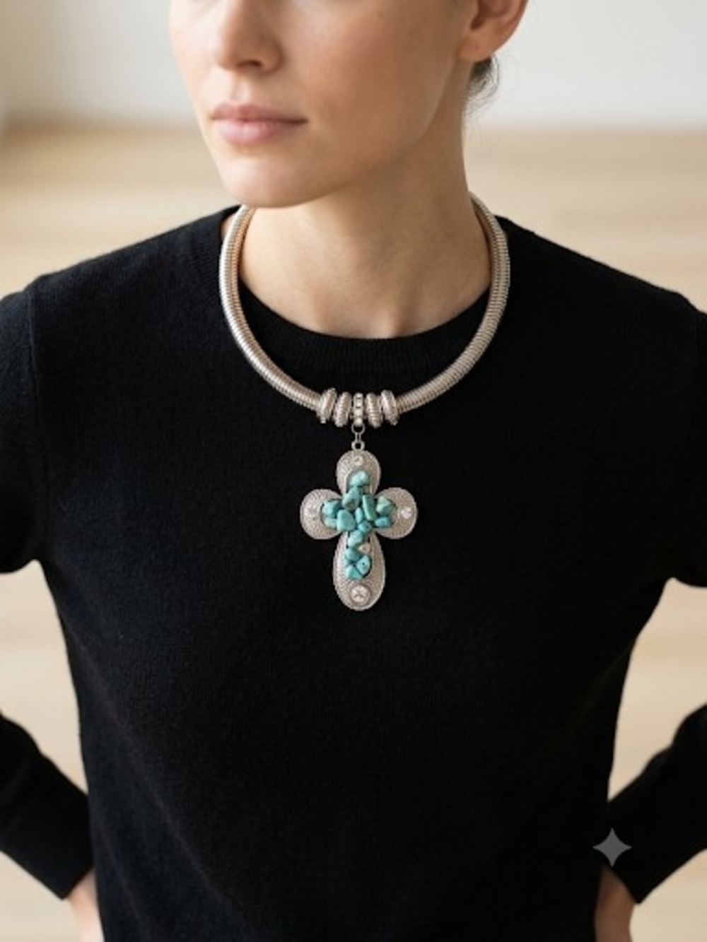 Silver-Tone Cross Pendant Necklace with Turquoise Accents